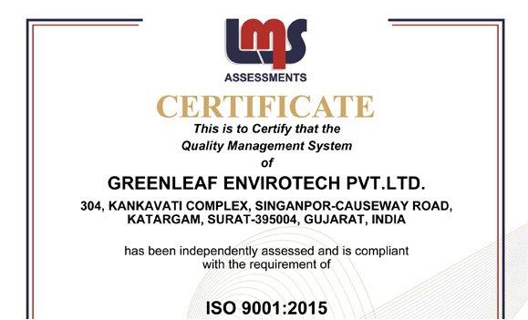 ISO 9001:2015 Compliance Certificate from LMS Assessments - Greenleaf Envirotech.