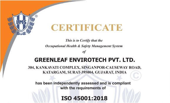 ISO 45001:2018 Occupational Health & Safety Compliance Certificate - Greenleaf Envirotech.