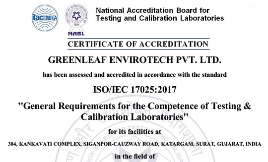A certificate of accreditation from the National Accreditation Board for Testing and Calibration Laboratories (NABL) awarded to Greenleaf EnviroTech in accordance with ISO/IEC 17025:2017 standard