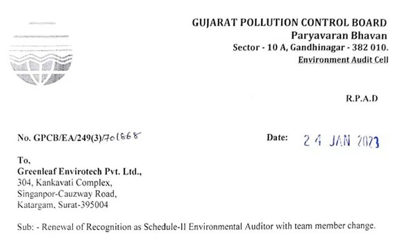 certificate to Greenleaf Envirotech by Gujarat Pollution Control Board